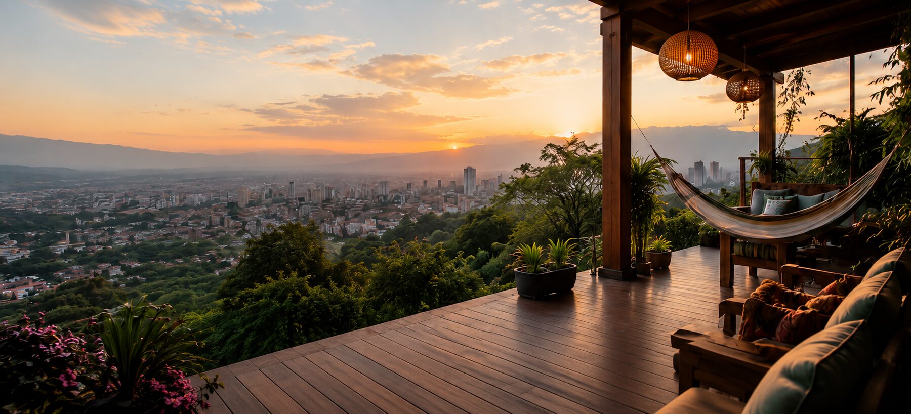 Vista panorámica de Cali al atardecer desde la terraza de Cristo Rey Hostal Campestre, con hamaca