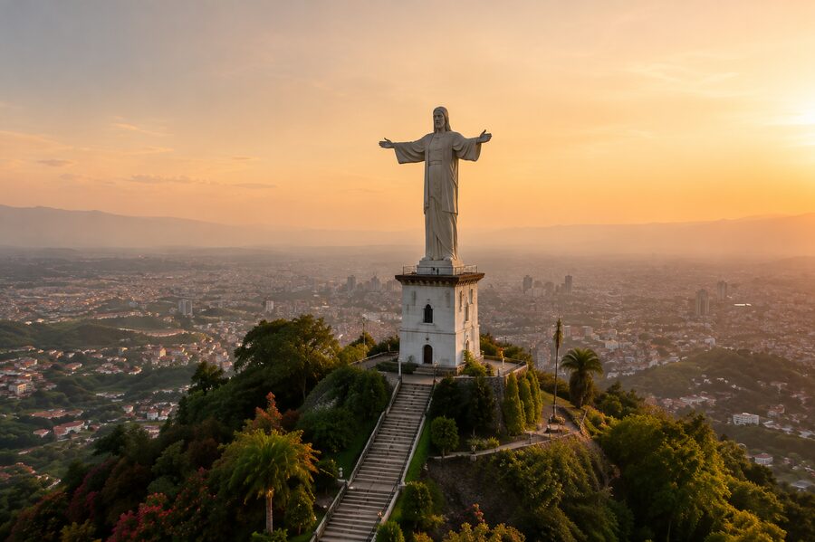 Monumento Cristo Rey al atardecer sobre las montañas de Cali